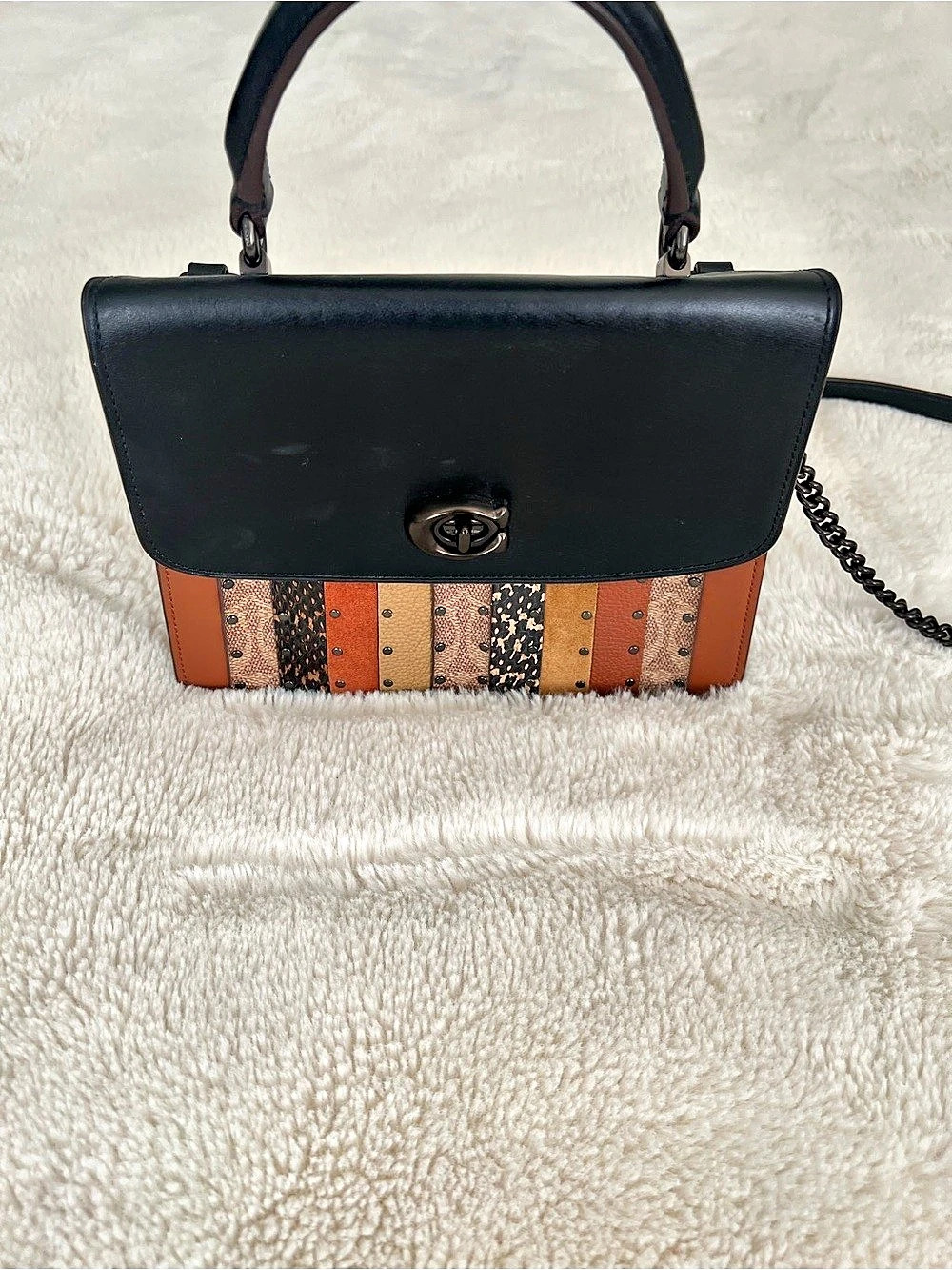 Coach Parker Top Handle With Signature Canvas Patchwork Stripes And Snakeskin